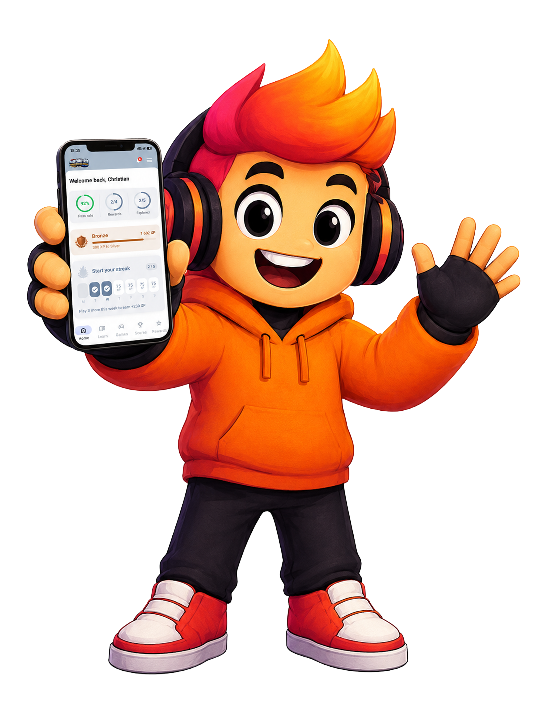 GameON character holding a phone that shows a completed training game